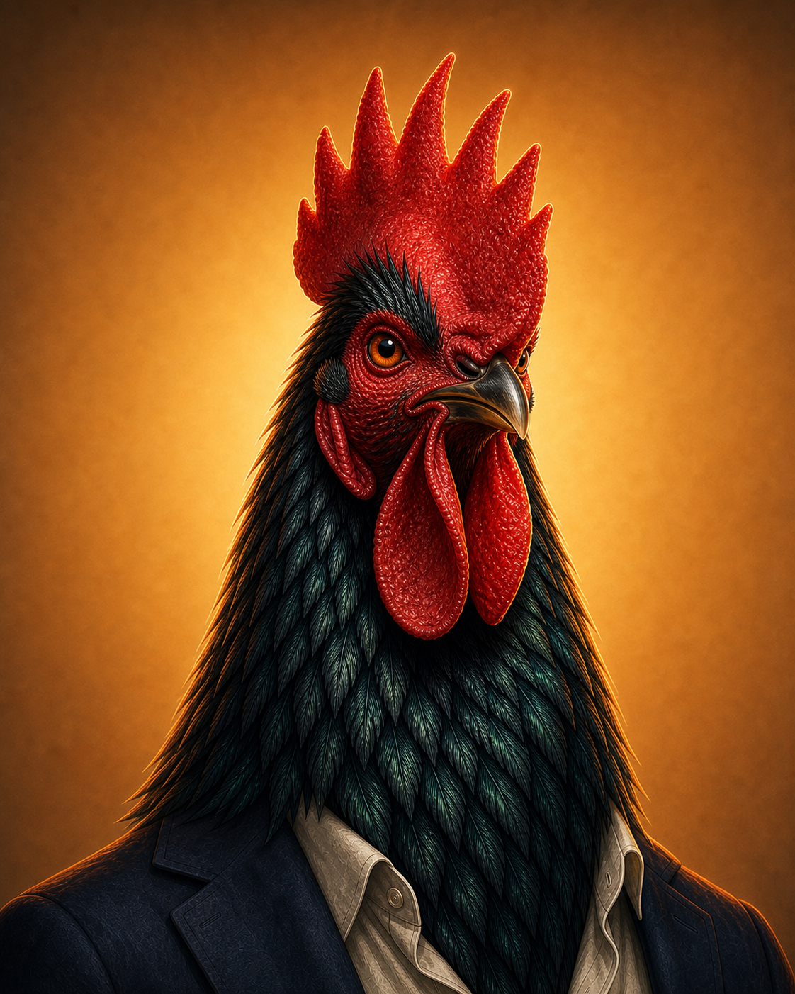 Portrait of Marcus Hawthorne as the Rooster CEO - a commanding rooster in a navy blazer against a warm orange background.