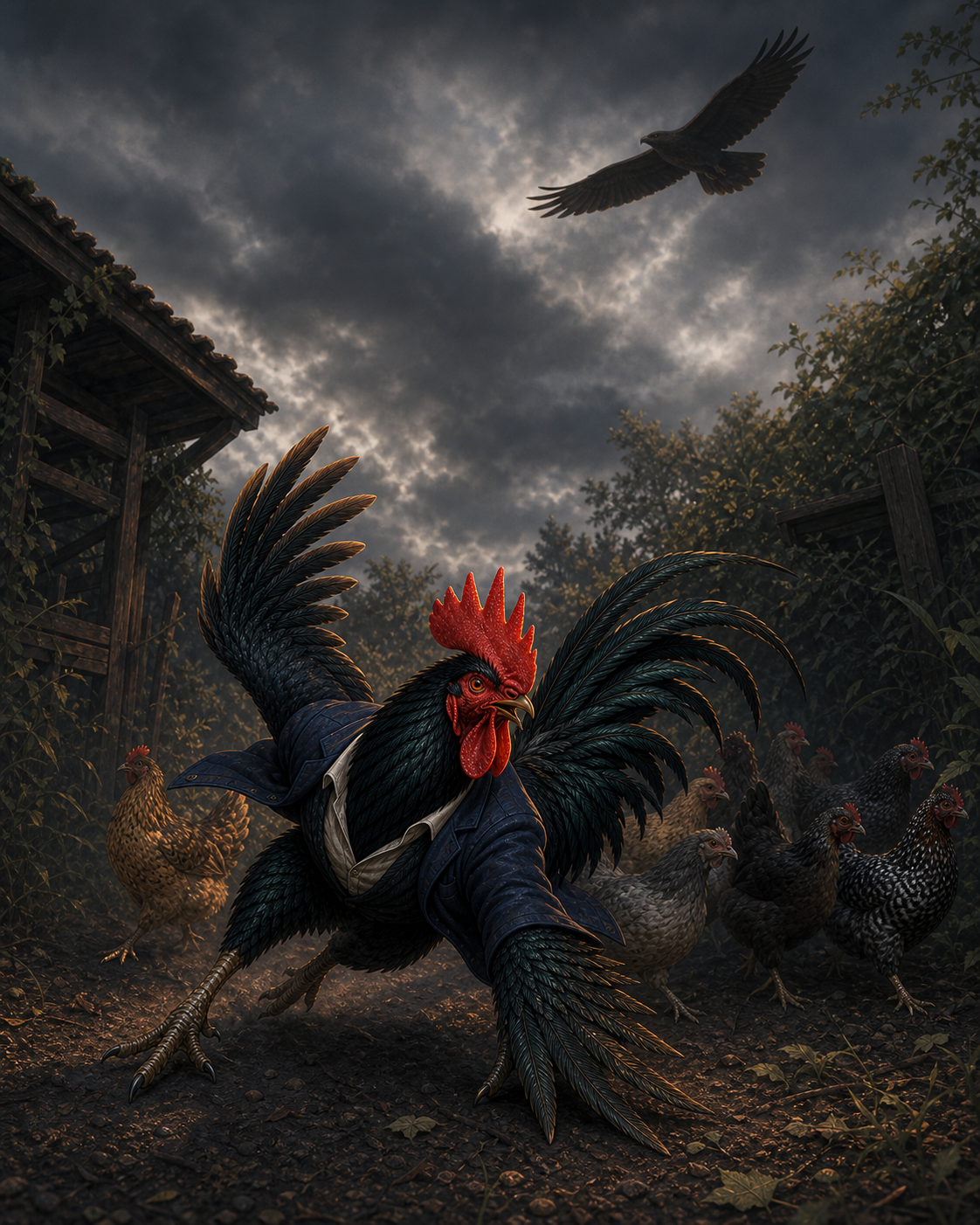 A Rooster with anthropomorphic features dressed in a jacket and shirt, surrounded by hens and a flying crow, in a dark, cloudy outdoor setting.