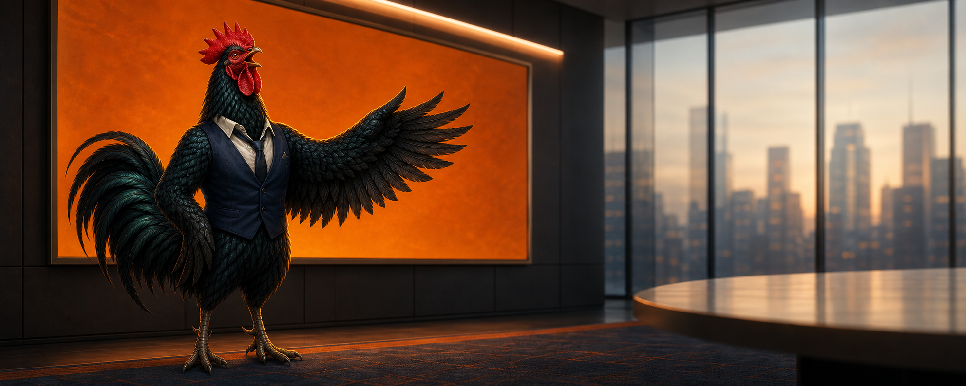 The Rooster CEO crowing mid-speech in a corporate boardroom, wings spread, city skyline behind him.
