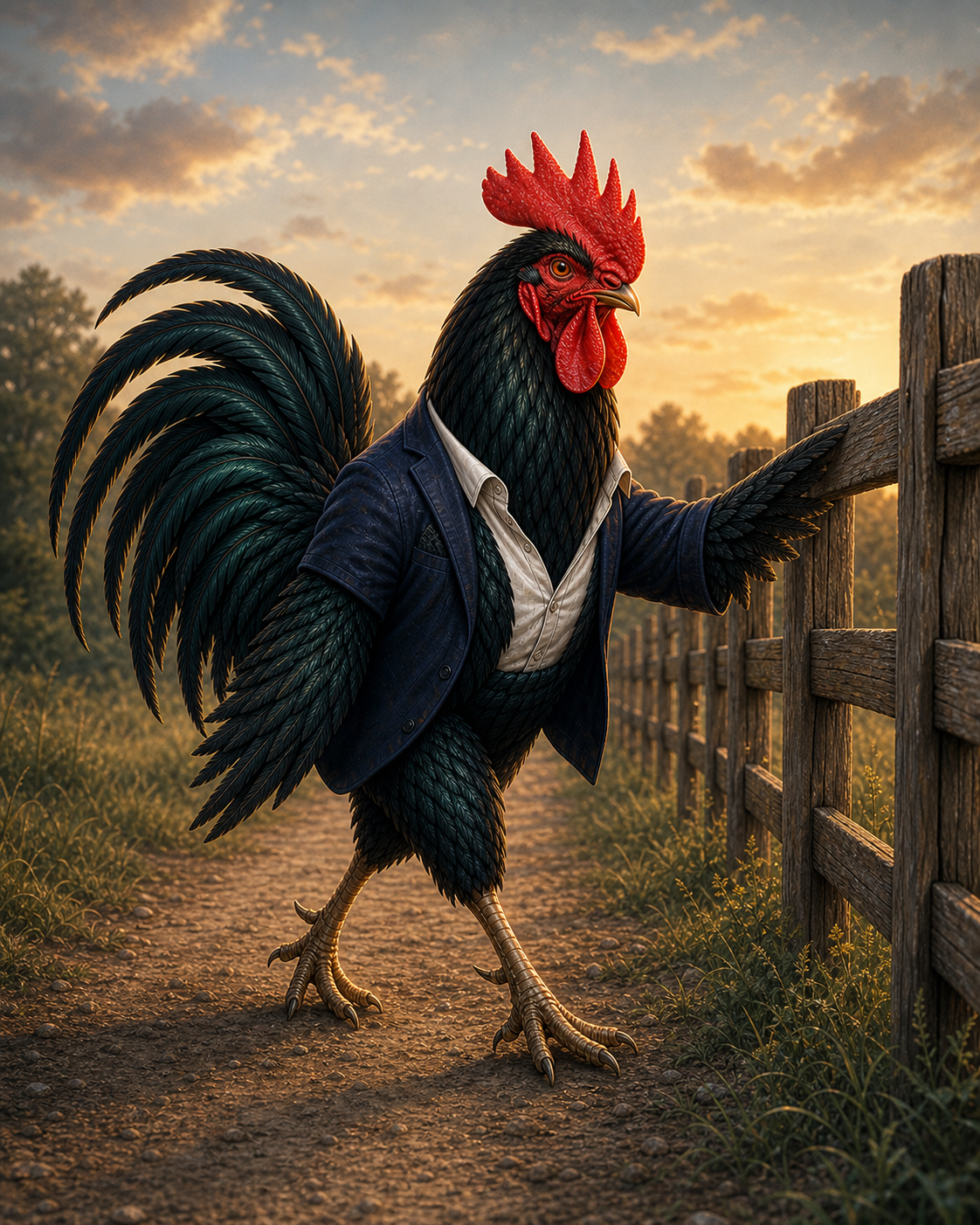 A humanoid Rooster wearing a business suit jacket and shirt, standing on a dirt path by a wooden fence at sunset.