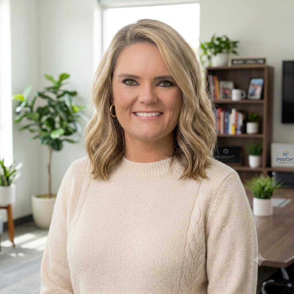 A smiling woman with shoulder-length blonde hair in a cream sweater standing in an office with bookshelves, potted plants, and a window in the background.