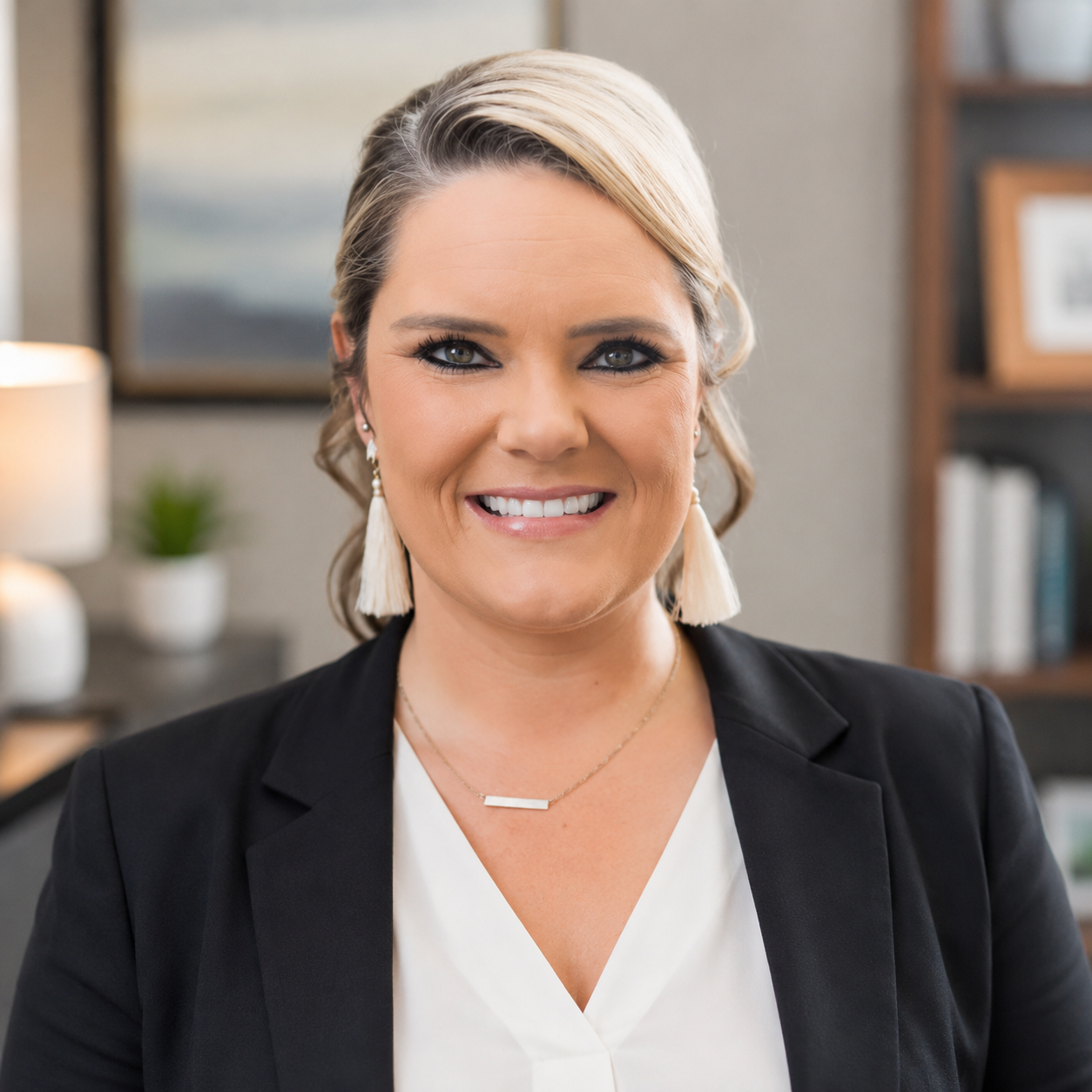 A smiling woman with blonde hair and earrings wearing a black blazer and white top inside an office or home environment.
