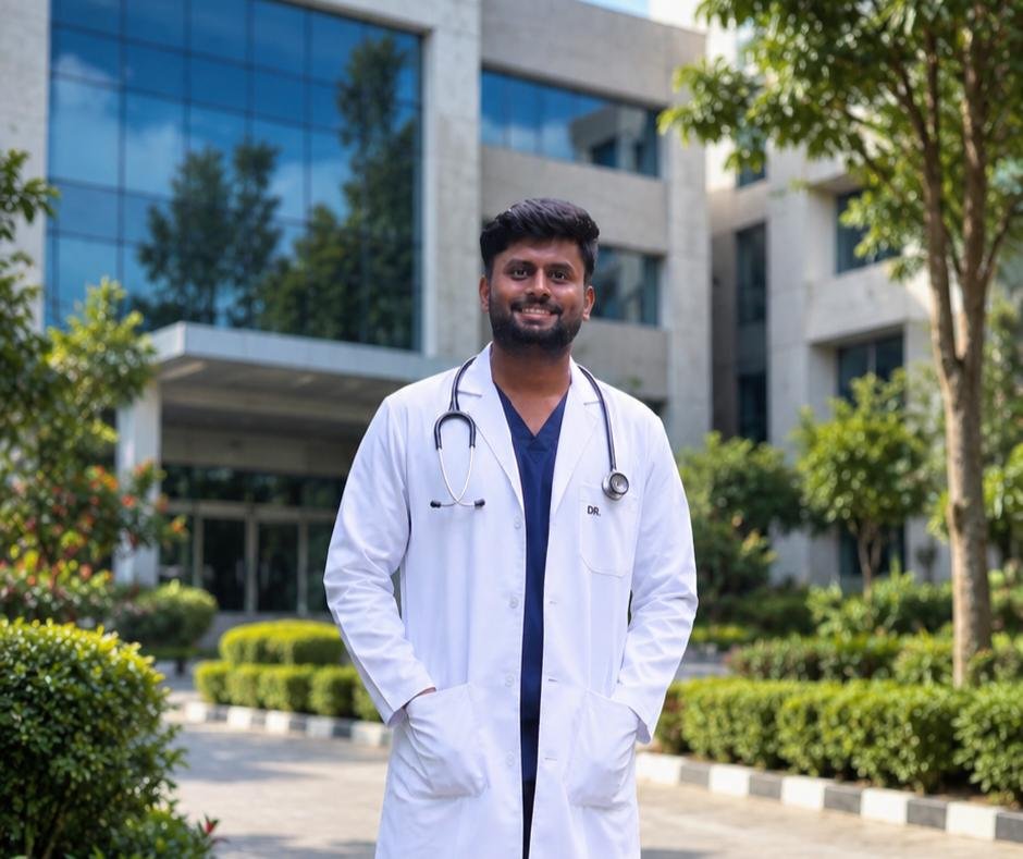 A male doctor in a white coat with a stethoscope around his neck, standing outdoors in front of a modern building and surrounded by greenery.