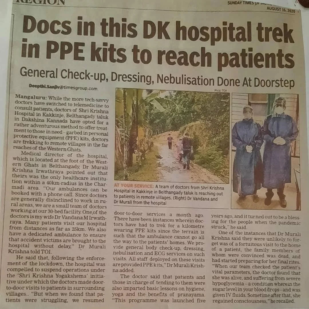 Newspaper article about doctors from Shri Krishna Hospital in Kakkinje, Belthangady, reaching remote villages in Western Ghats wearing PPE kits to provide health checkups, dressing, and nebulization services.
