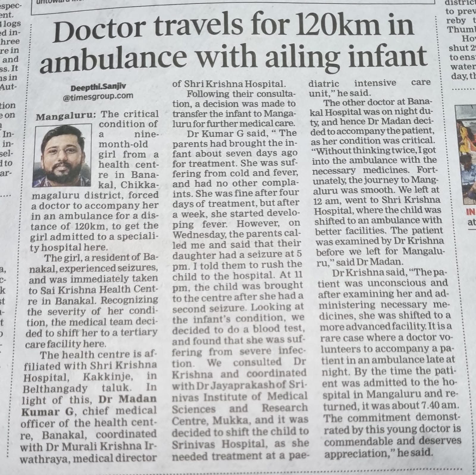 A newspaper article with the headline "Doctor travels for 120km in ambulance with ailing infant," featuring a small photograph of Dr. Madan Kumar G., who is the chief medical officer at Shri Krishna Hospital.