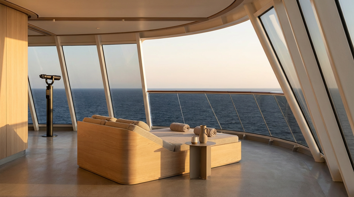 A modern ship's observation deck with a seating area, telescope, and view of the ocean through large curved windows at sunset.