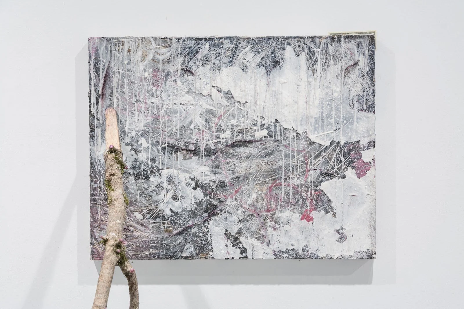 Untitled1, 2021-2022
Materials: Stretched canvas, acrylic paint, soy wax, silicone caulk, glitter nail polish, fake eyelashes, broken tree branch, 2 dollar bill