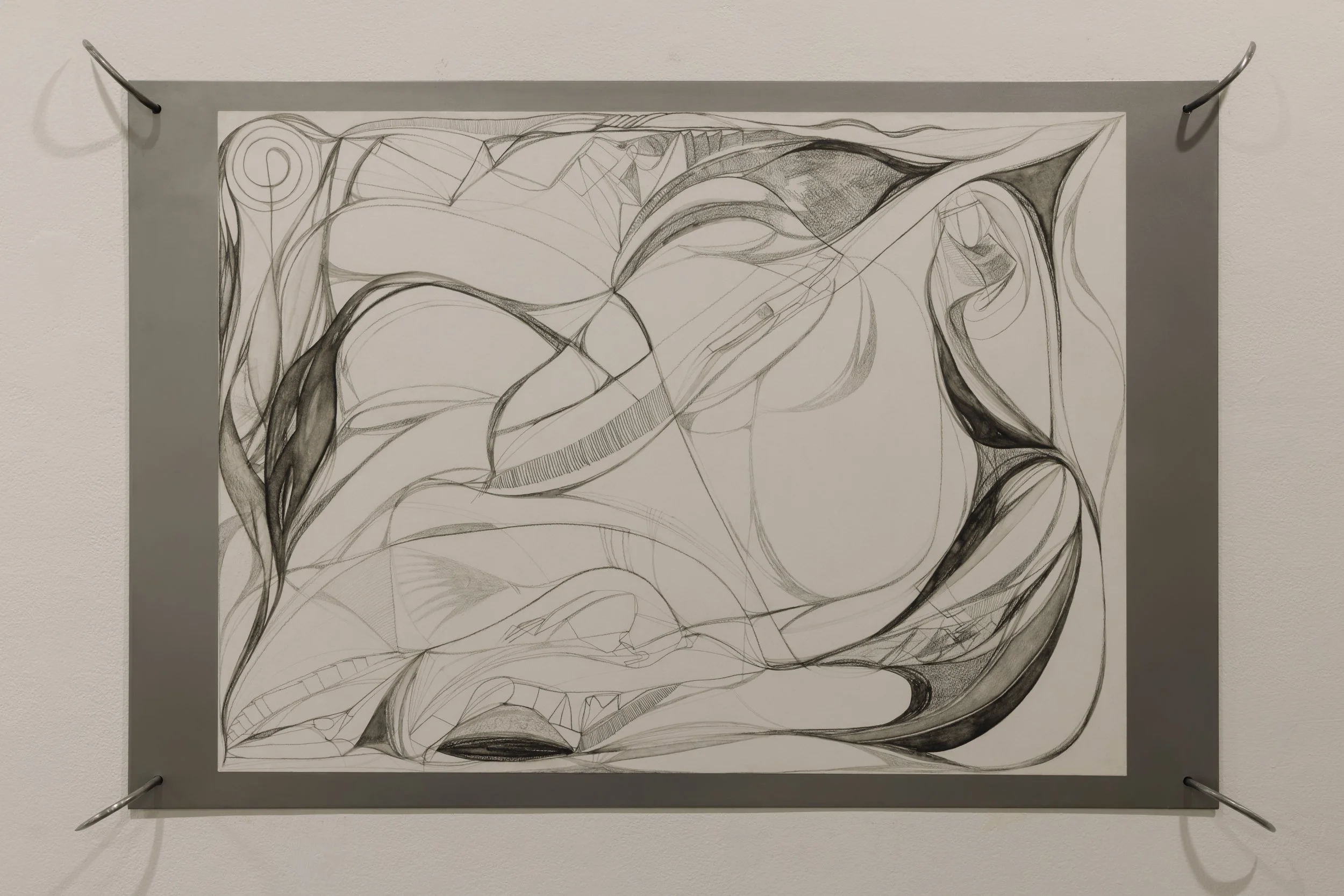 contained 1, 2026
material: steel plate, watercolor paper, steel hooks and water soluble graphite 
18” X 24”