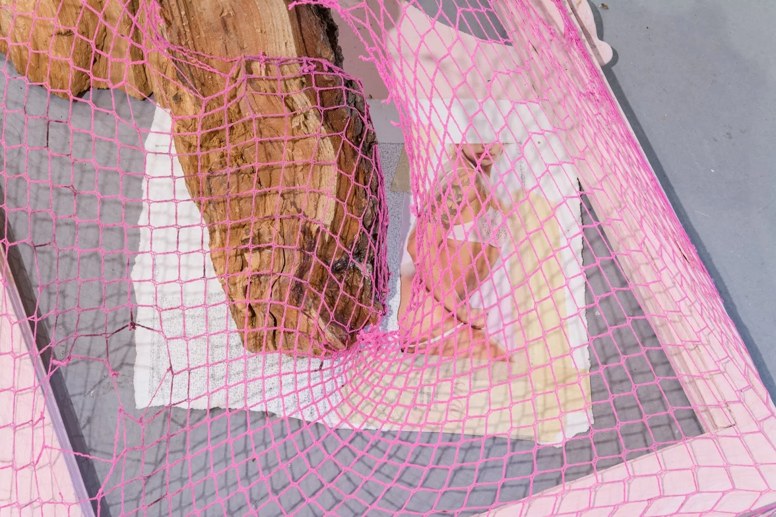 Untitled6 (close up image), 2021-2022
Materials: Hot pink fishnet top, broken tree branch fragment, tree trunk fragment, wooden window frame, baby pink spray paint, colorful butterfly hair clips, monotype print, masking tape, Exotic magazine image, b
