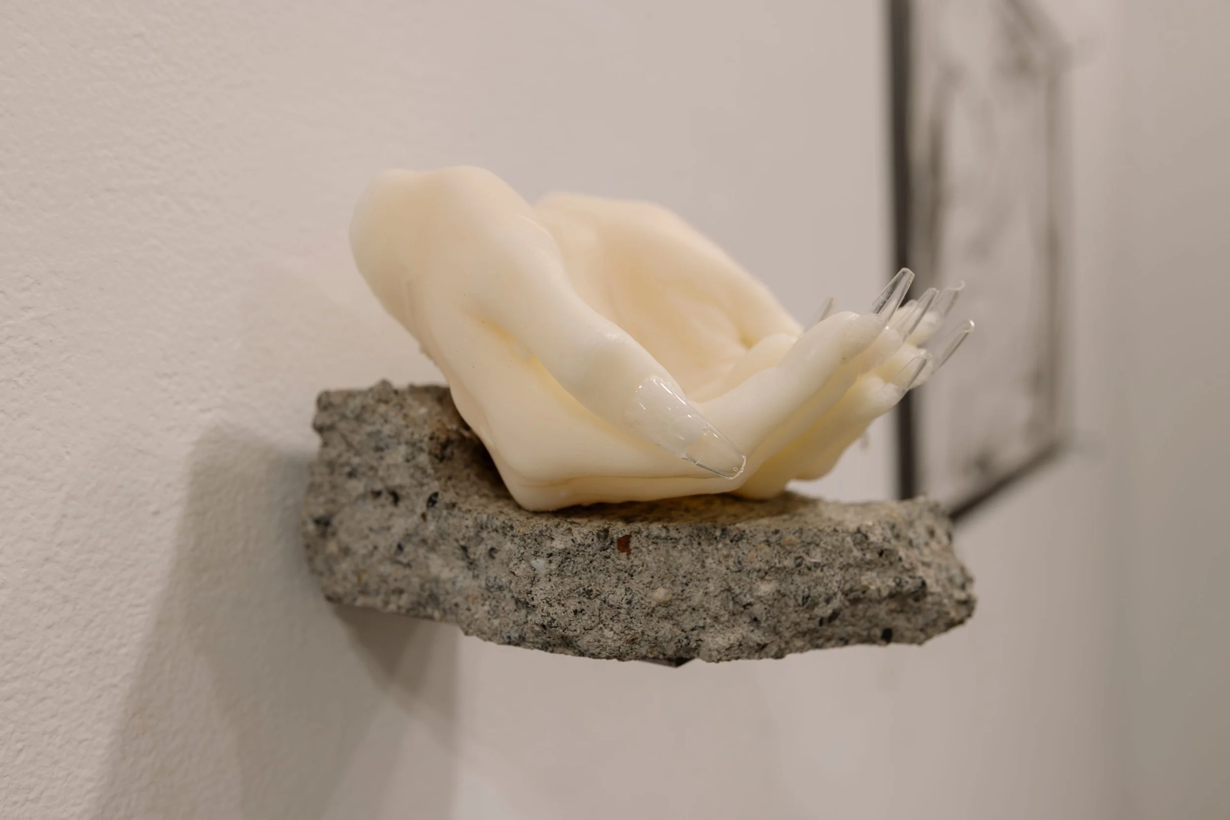u take until i am empty and then somehow u take more, 2026
materials: soy wax, fake nails and silicone caulk
shelf made by cloe short 
6.5" x 7" x 1"