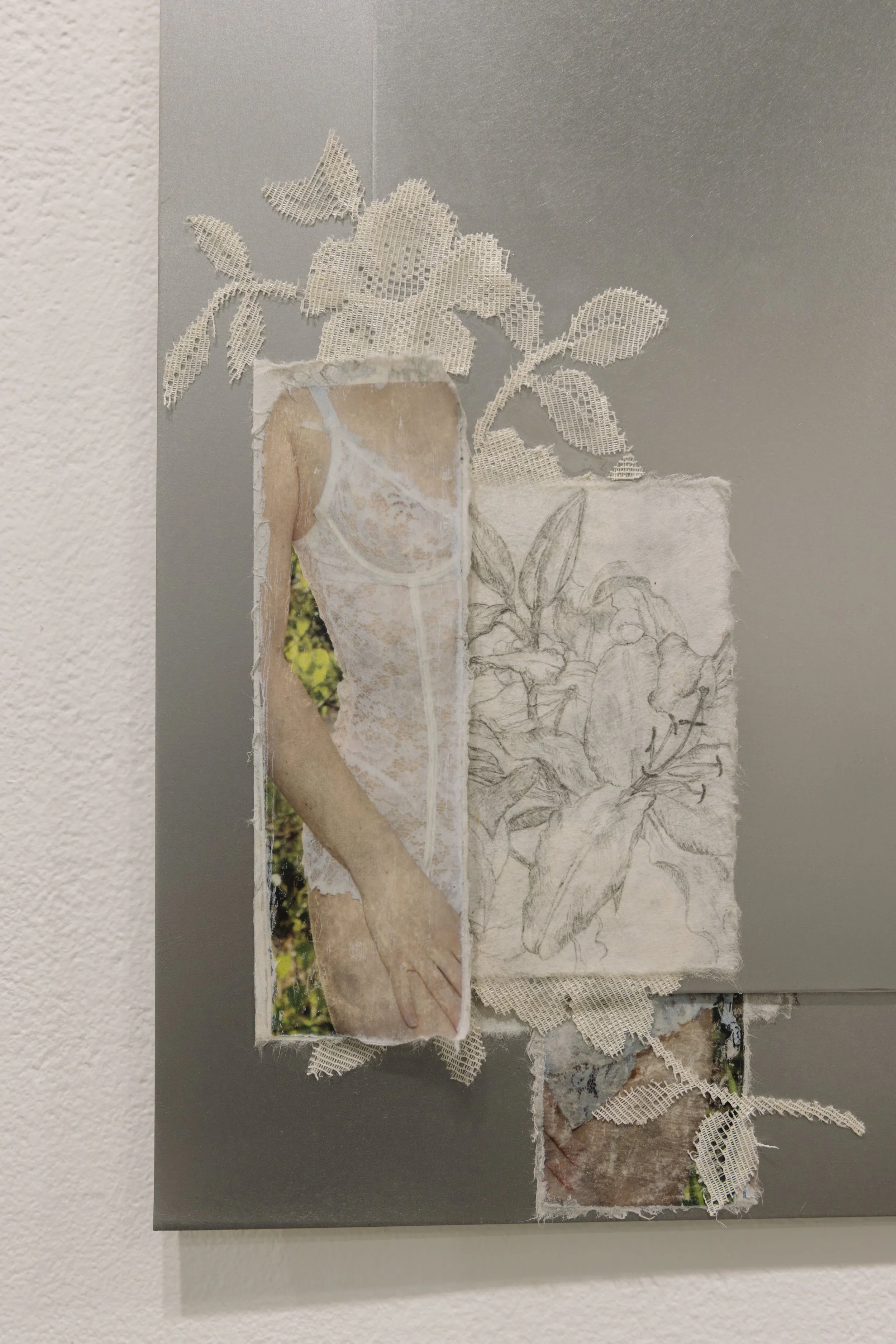 god told me whores go 2 heaven (detail shot), 2026
materials: 2 steel plates, washi paper, graphite, exotic magazine image transfer and lace
18” X 18”