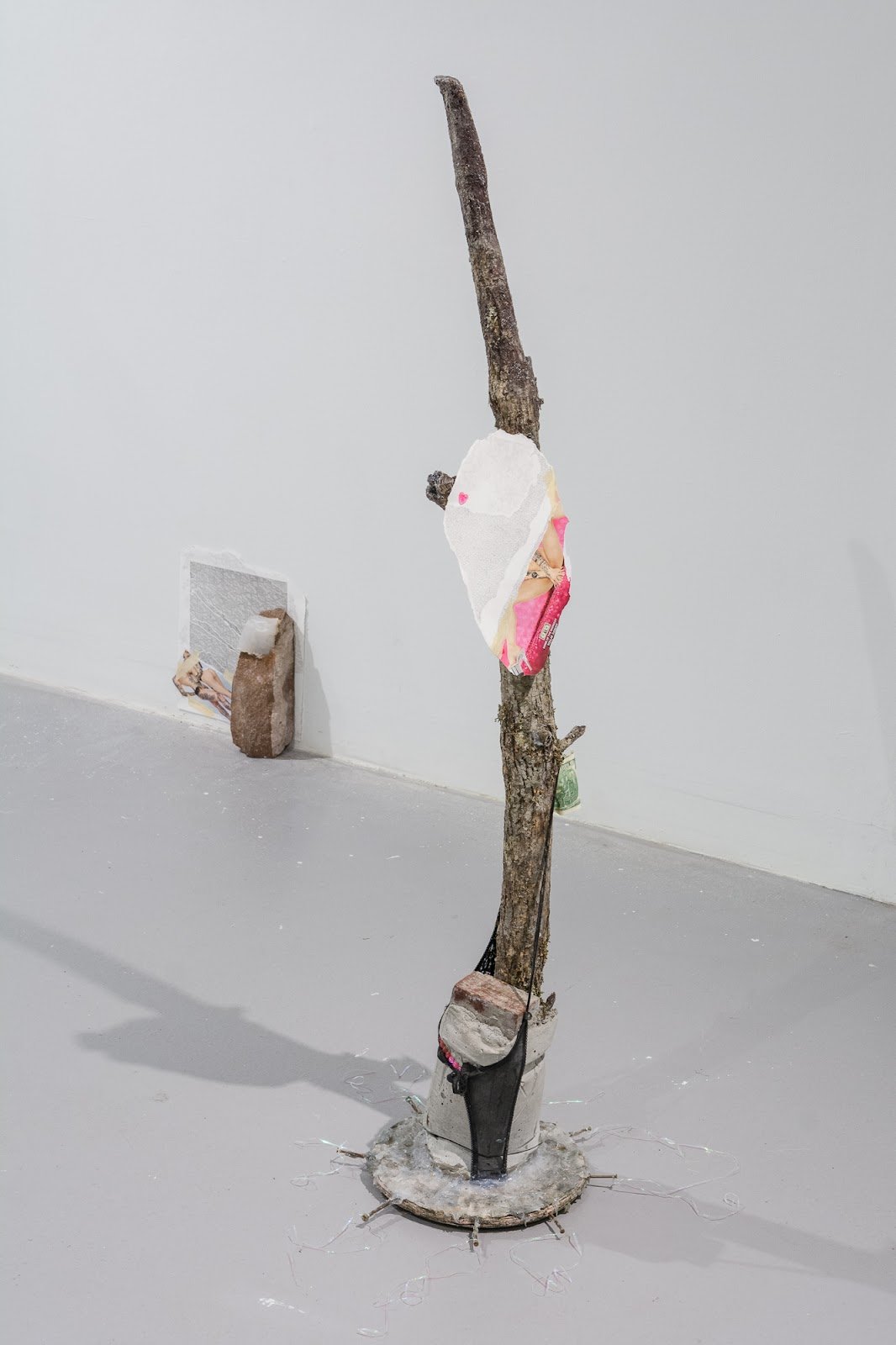 Untitled3 and BrickPrint2, 
Materials: Broken tree branch fragment, silicone caulk, concrete cast of Crown Royal bag, brick, black lace thong, pink gems, spinning wooden base, nails, iridescent tinsel, monotype print, Exotic magazine image, masking t