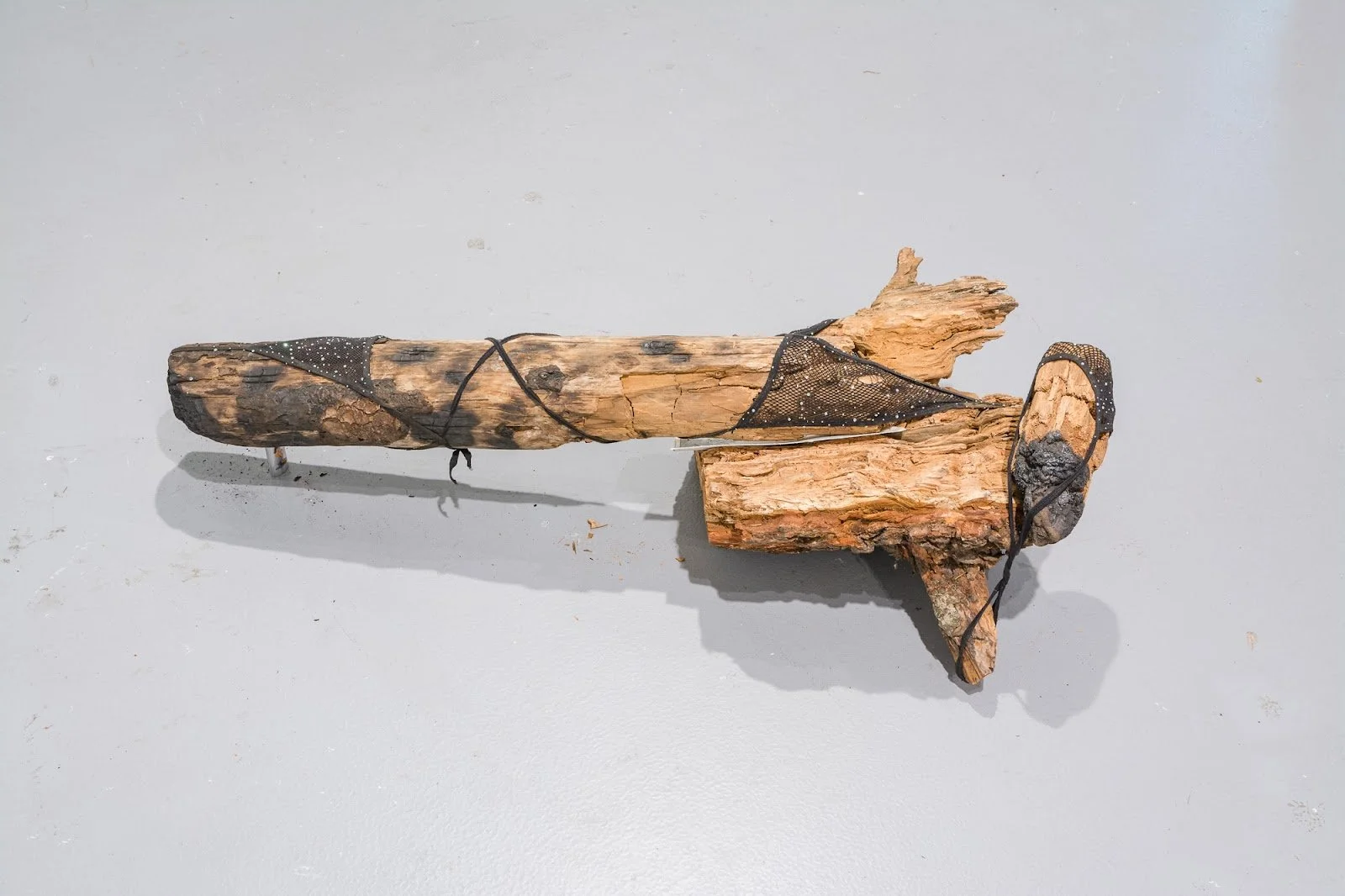 Untitled5, 2021-2022
Materials: Broken burnt log, Playboy lighter, tree trunk fragment, monotype print, masking tape, Exotic magazine image, burnt log fragment, silicone caulk, two sparkly black fishnet g-strings, sparkly black fishnet bra