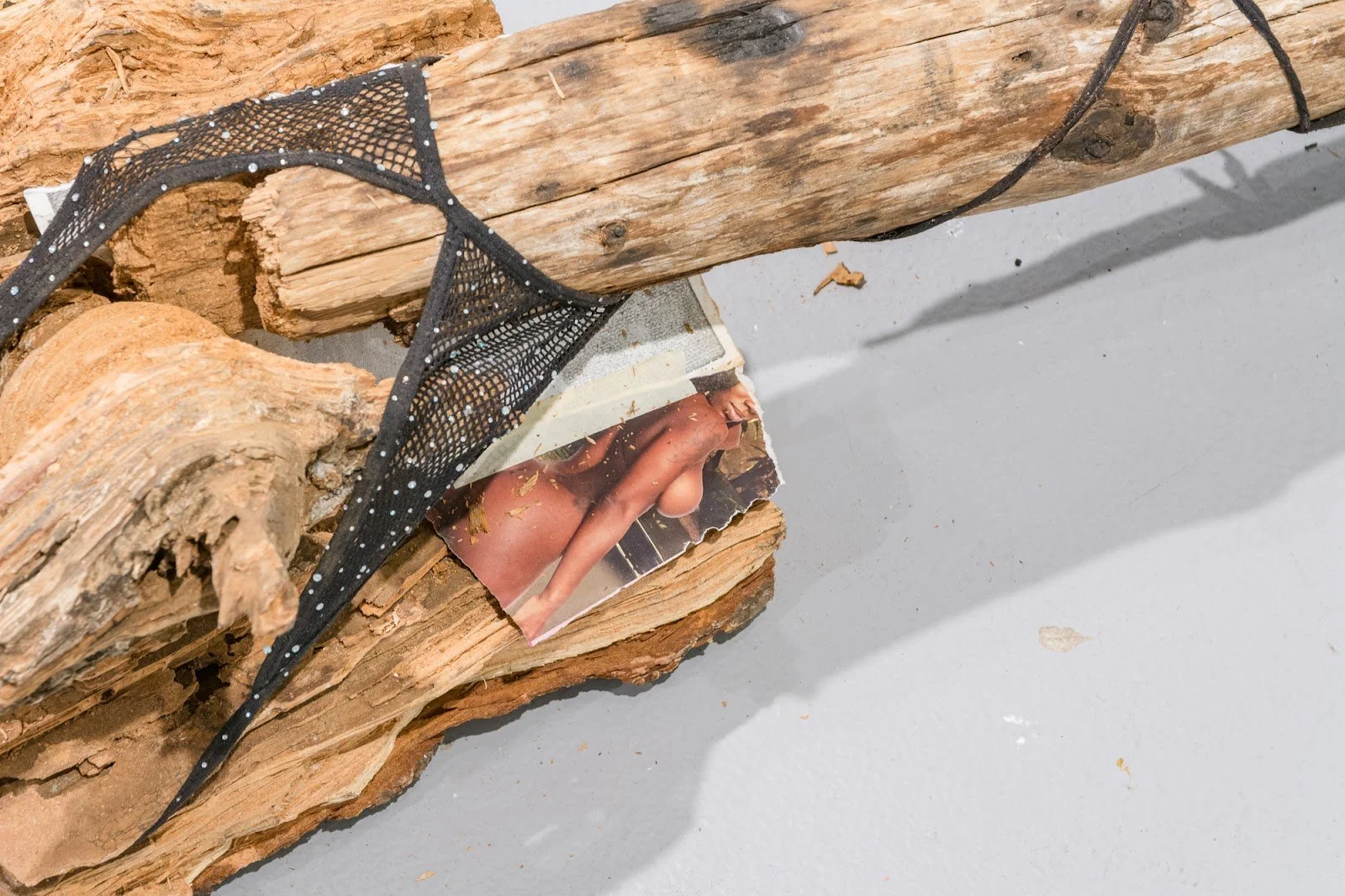 Untitled5 (close up image), 2021-2022
Materials: Broken burnt log, Playboy lighter, tree trunk fragment, monotype print, masking tape, Exotic magazine image, burnt log fragment, silicone caulk, two sparkly black fishnet g-strings, sparkly black fishn