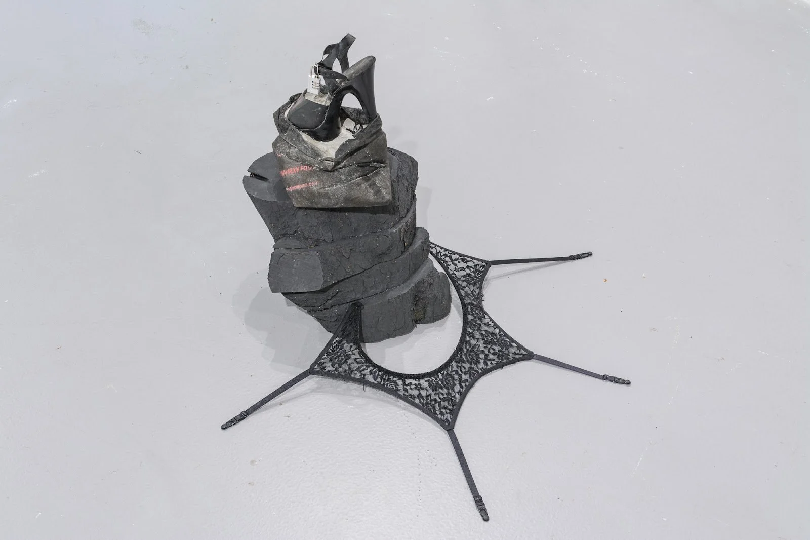 Untitled2, 2022
Materials: Black 8-inch Pleaser heel, concrete, Pleaser heel bag, tree trunk, black acrylic paint, portable lock, black lace garter belt, Versace perfume bottle 