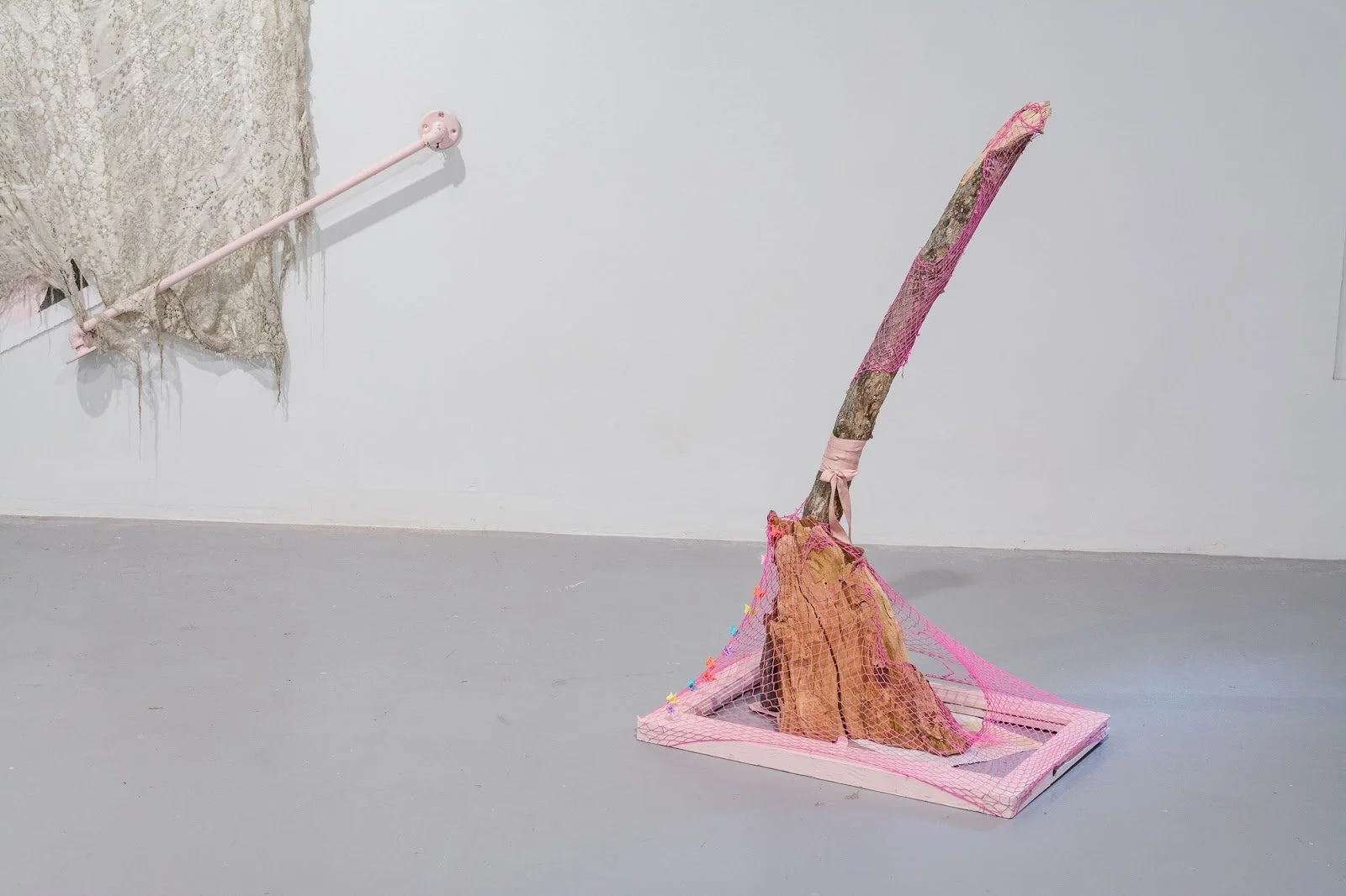 Untitled6 and Untitled7 (overall image), 2021-2022
Materials: Hot pink fishnet top, broken tree branch fragment, tree trunk fragment, wooden window frame, baby pink spray paint, colorful butterfly hair clips, monotype print, masking tape, Exotic maga