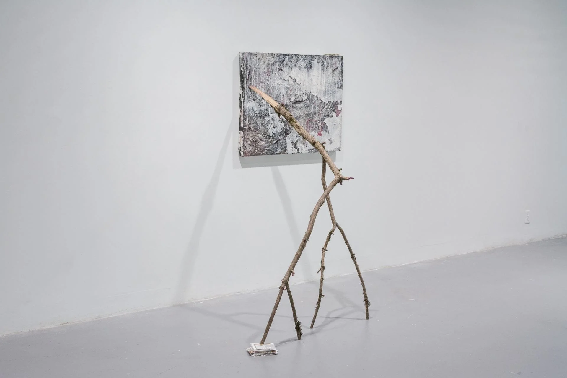 Untitled1, 2021-2022
Materials: Stretched canvas, acrylic paint, soy wax, silicone caulk, glitter nail polish, fake eyelashes, broken tree branch, 2 dollar bill