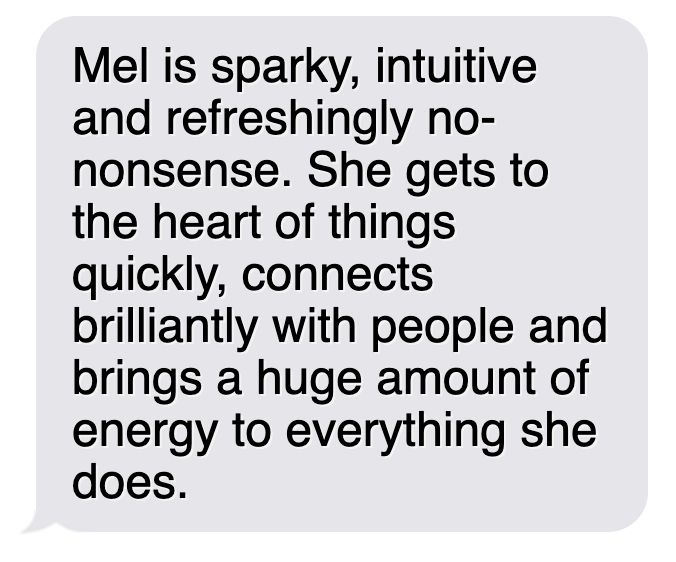 Text message describing Mel as bright, intuitive, and emotionally engaging, connecting with people and energizing her activities.