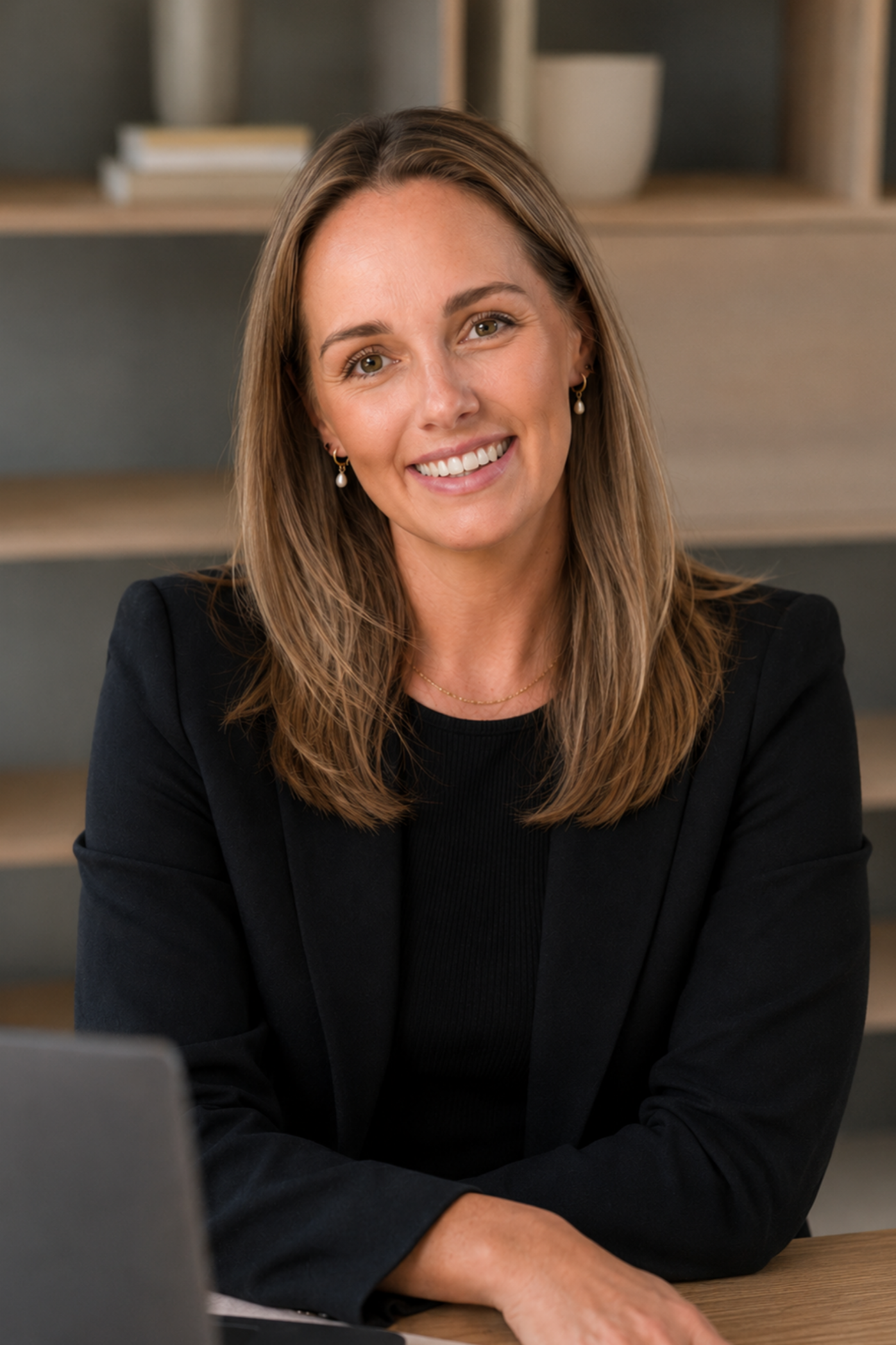 A smiling woman with long, light brown hair, wearing pearl earrings, a black blazer, and a black top, sitting at a desk in front of a laptop with a bookshelf in the background.