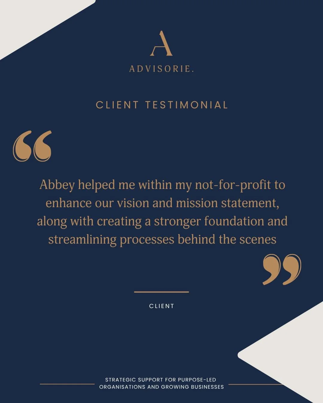 &ldquo;It was wonderful working with Abbey. Her professionalism is second to none, and she is also very efficient with time management, meaning she achieves a lot of results within the allocated timeframe. Abbey helped me within my not-for-profit to 