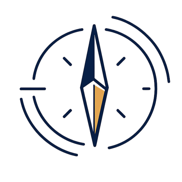 A stylized compass with north indicator, surrounded by abstract lines indicating direction and movement.