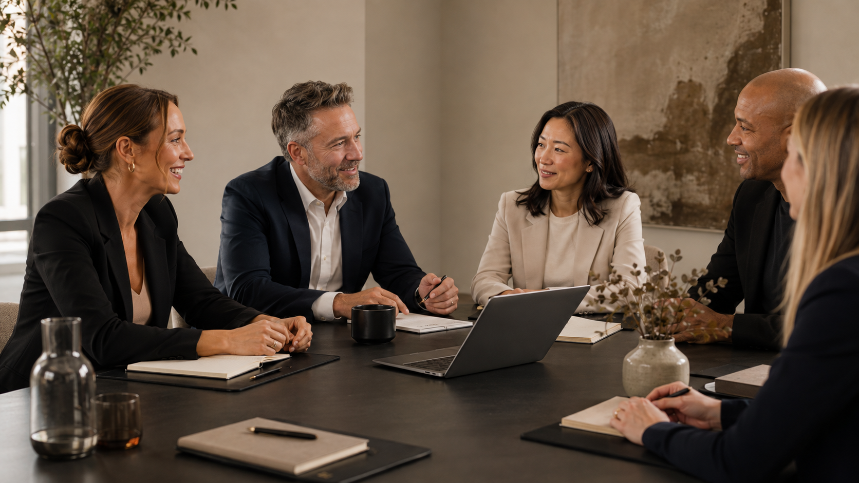 A diverse group of six business professionals, three women and three men, seated around a meeting table engaged in a discussion, with notebooks, a laptop, and a vase with dried flowers on the table.