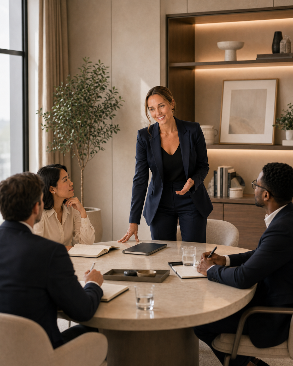 A woman in a dark blazer standing and speaking to a group of four people seated around a table during a meeting in a modern office.