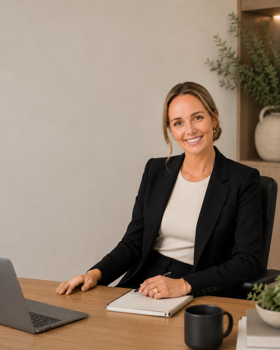 A woman in a black blazer sitting at a desk in an office, smiling, with a laptop, notebook, and mug on the desk.