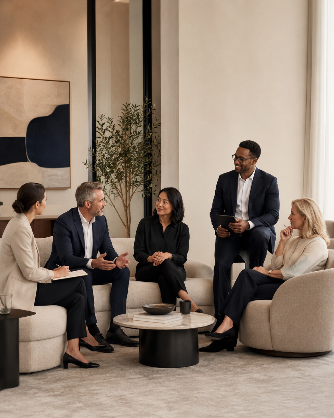 A group of five diverse professionals having a discussion in a modern, well-lit office lounge with beige chairs and a round coffee table.