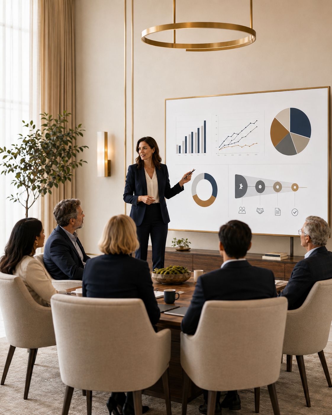 A woman in a business suit giving a presentation on a large screen with charts and graphs to a group of five seated professionals in a conference room with natural light, a decorative plant, and modern decor.