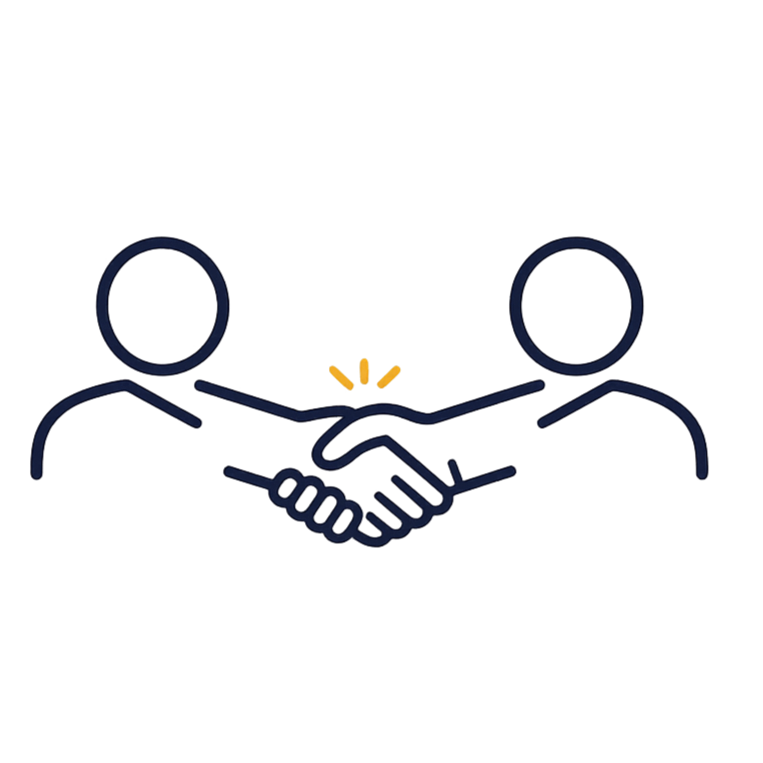 A digital illustration of two figures shaking hands with a red and blue bar graph in the background.
