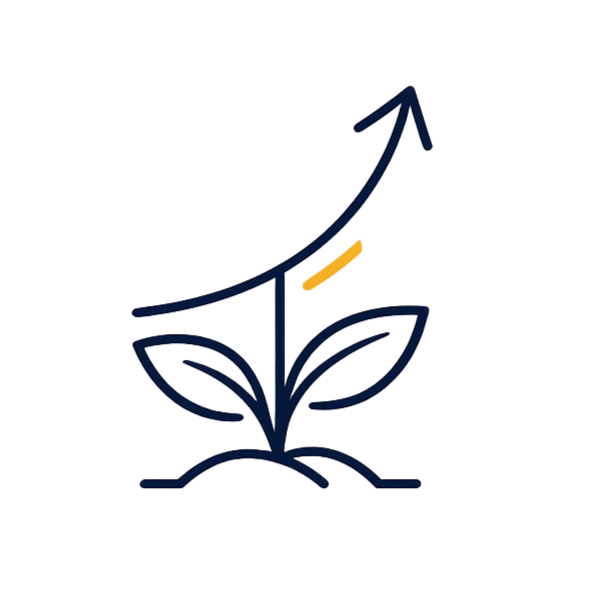 A stylized line drawing of a young plant with leaves, growing upwards with an arrow pointing higher, symbolizing growth or progress.