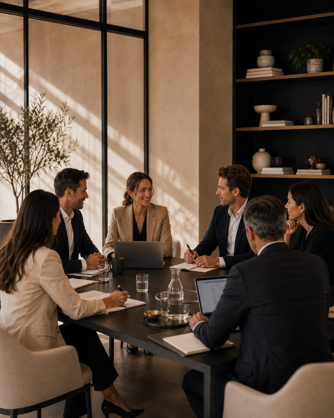 Business meeting with seven people seated around a table in a modern conference room, engaged in discussion.