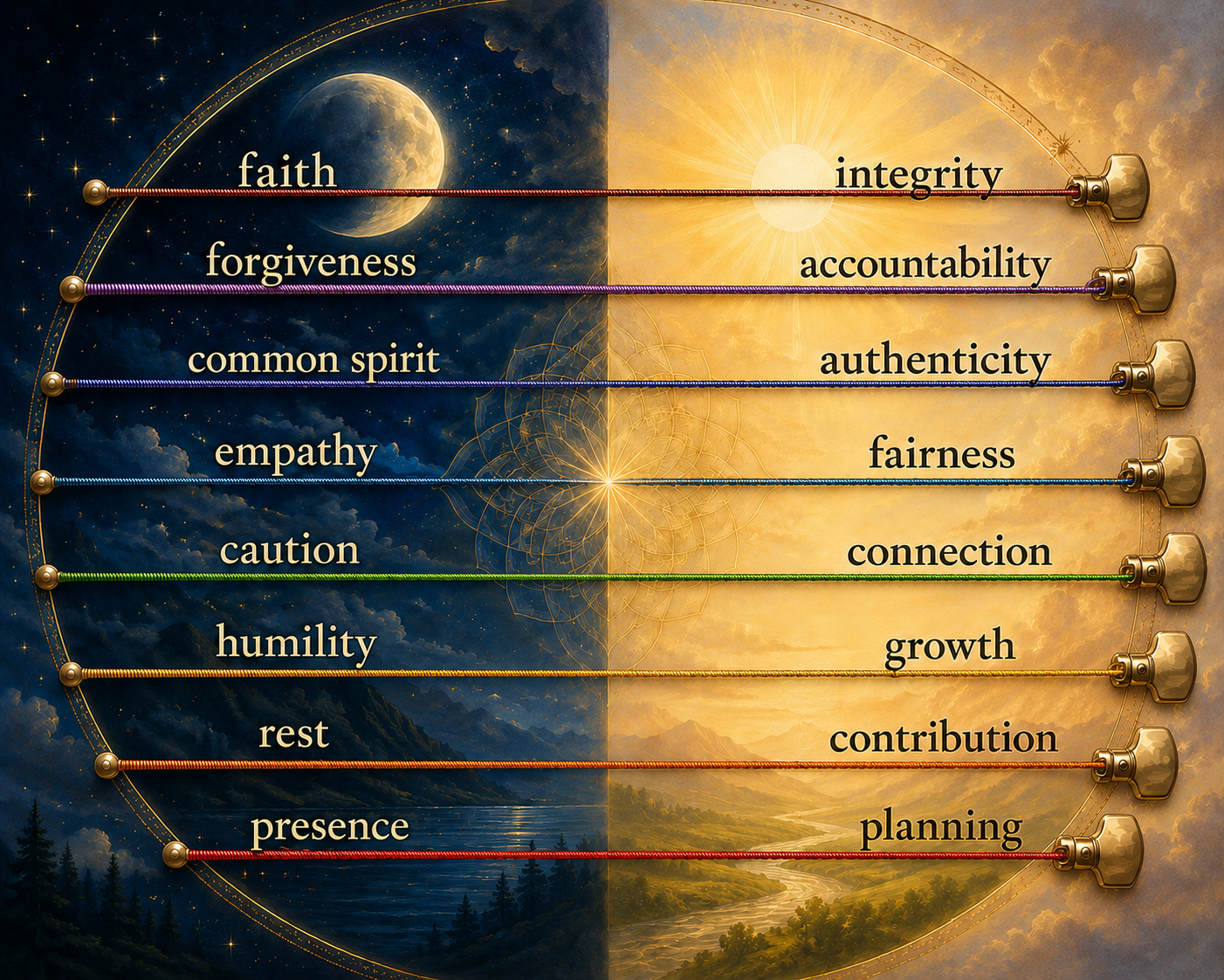 An illustrated diagram of balancing virtues on opposite ends of a celestial circle, with night on the left and day on the right. On the left side, virtues listed from top to bottom are faith, forgiveness, common spirit, empathy, caution, humility, rest, and presence. On the right side, corresponding qualities are integrity, accountability, authenticity, fairness, connection, growth, contribution, and planning. Each virtue is connected by a colored line to its corresponding quality across the circle.