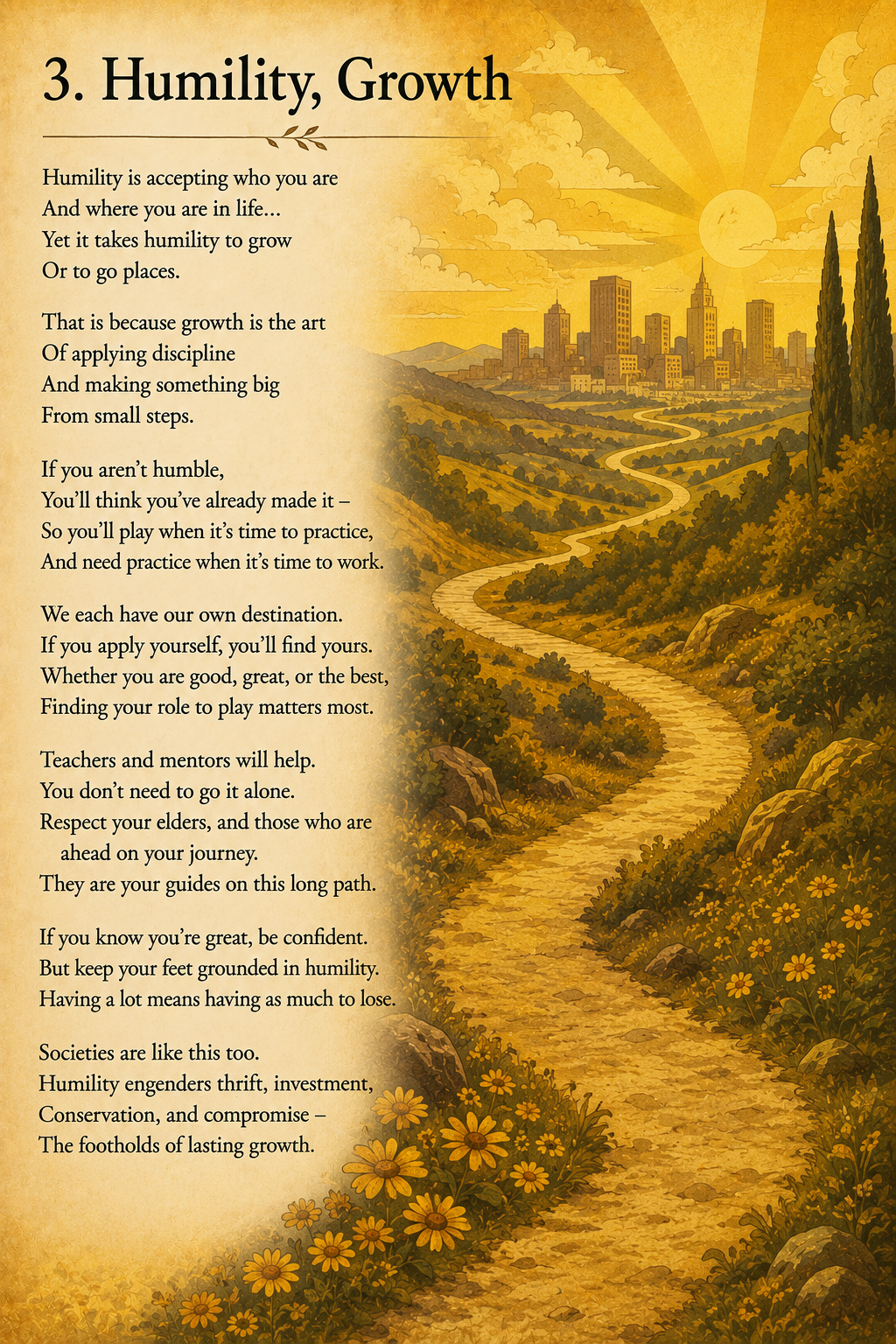 A poem titled 'Humility, Growth' set against a landscape illustration with a winding path leading toward a city skyline at sunset, surrounded by trees, bushes, rocks, and yellow flowers.