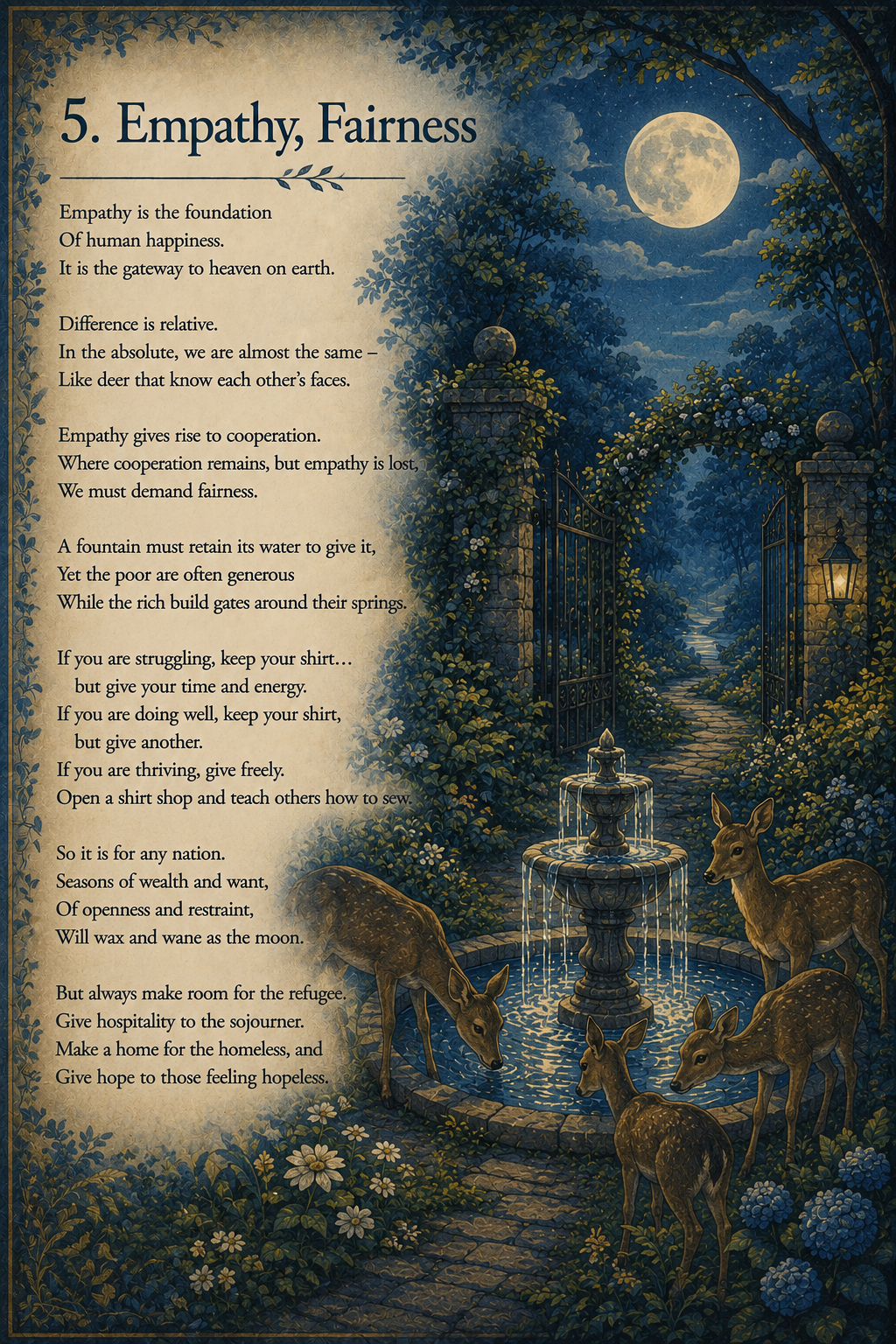 Poem titled '5. Empathy, Fairness' displayed on a scenic illustration of a moonlit garden with four deer drinking from a fountain, surrounded by trees, flowers, a stone pathway, and a gate, with a full moon in the night sky.