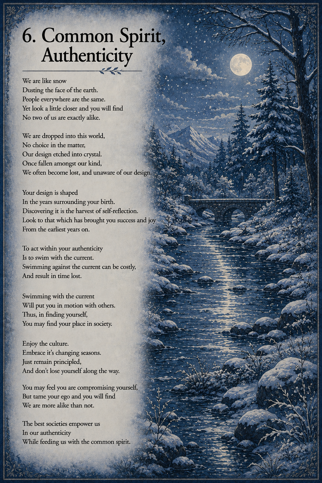 A poem titled '6. Common Spirit, Authenticity' overlays a winter scene with snow-covered trees, a river, a stone bridge, mountains, and a full moon in a starry sky.