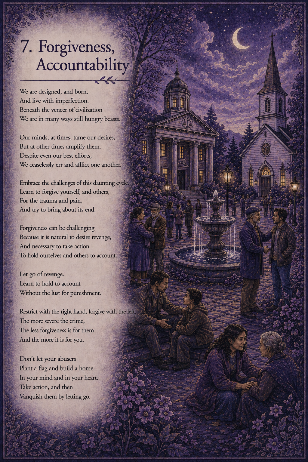 Poem titled 'Forgiveness, Accountability' over a nighttime scene of a church courtyard with people talking and sitting among flowers, illuminated by street lamps and moonlight.
