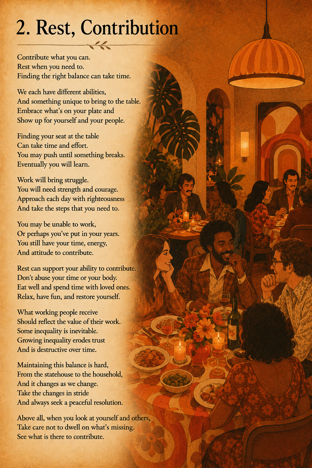 A poem titled 'Rest, Contribution' written on a vintage parchment background, with a cozy indoor restaurant scene featuring diverse people dining, talking, and enjoying a meal with candles, flowers, and wine.