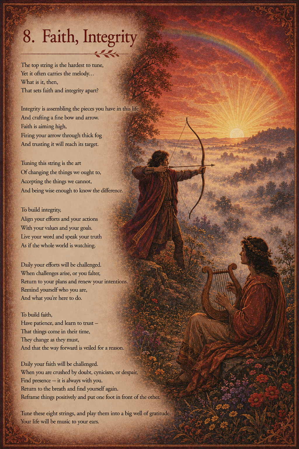 Poem titled 'Faith, Integrity' alongside an illustration of a man with a bow and arrow aiming at the horizon and a woman playing a harp amid a sunset and rainbow.