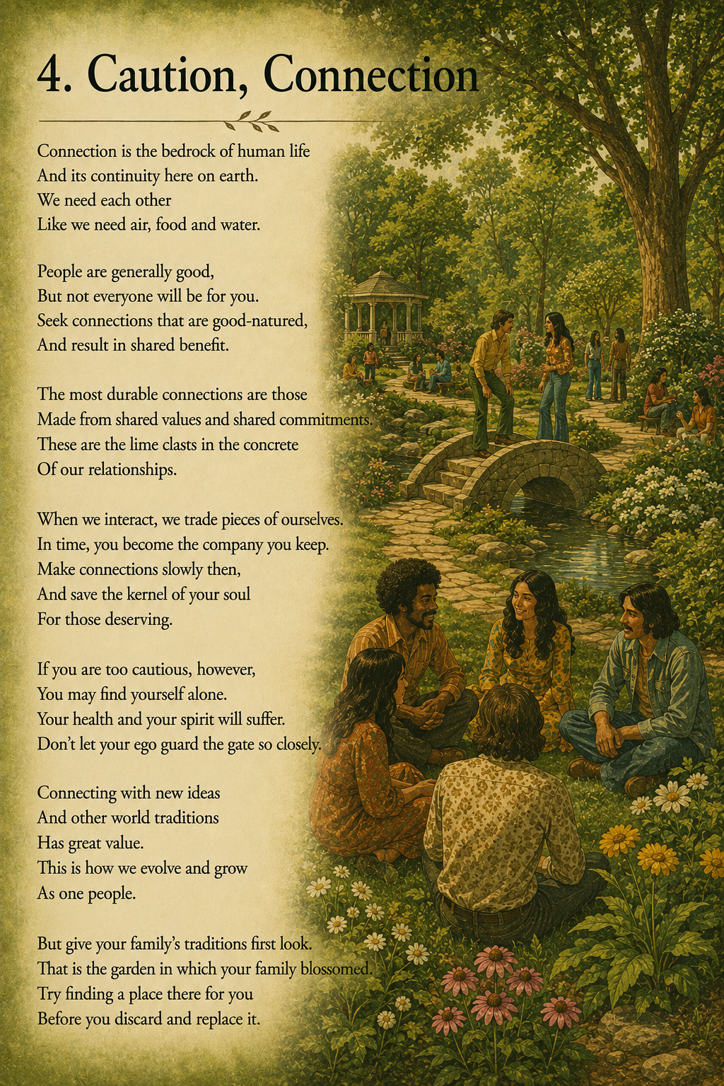 Text titled '4. Caution, Connection' on the left side, with an illustration of a lush park on the right side. The park features a stone bridge over a small stream, people sitting and walking among trees and flowers, and a gazebo in the background. Some people are sitting on the grass, engaged in conversations.