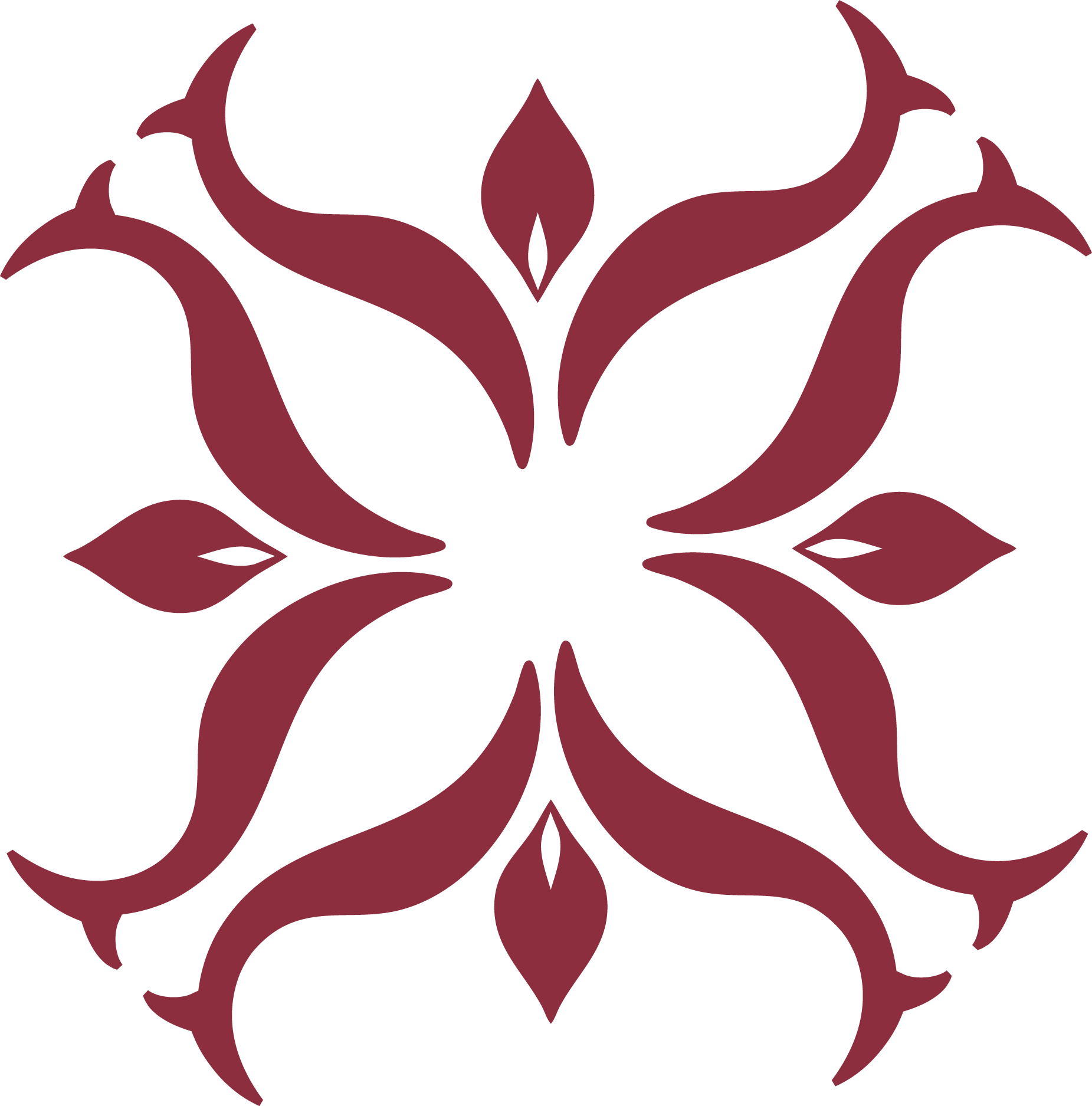 Diseño ornamental en color burdeos con formas florales y curvas simétricas.
