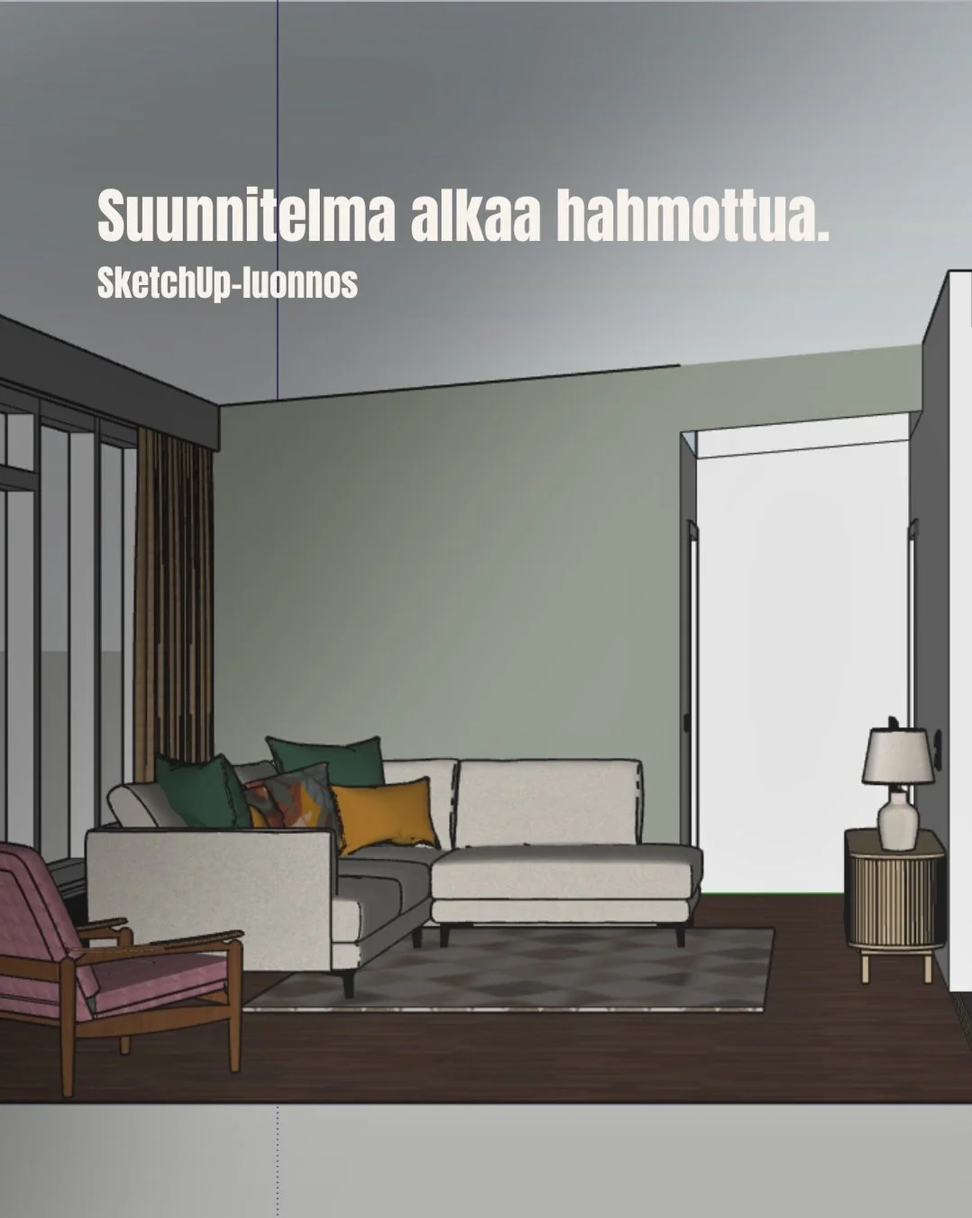 Suunnitelma alkaa pikkuhiljaa saada muotoaan.

Harjoitusasiakkaani projekti on edennyt ensimm&auml;isest&auml; asiakask&auml;ynnist&auml;, mittaamisesta ja l&auml;ht&ouml;tilanteen kartoittamisesta SketchUpiin. Nyt tilat on mallinnettu oikeisiin mitt