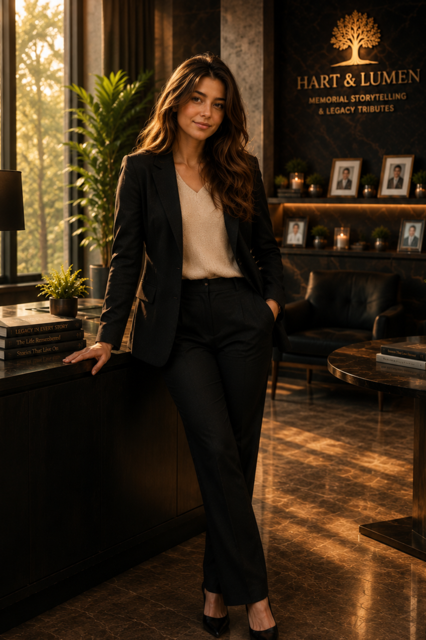 A woman in a black suit leaning against a dark wooden cabinet in an elegant office with framed photos, candles, books, and a sign that says 'Hart & Lumen Memorial Storytelling & Legacy Tributes.'