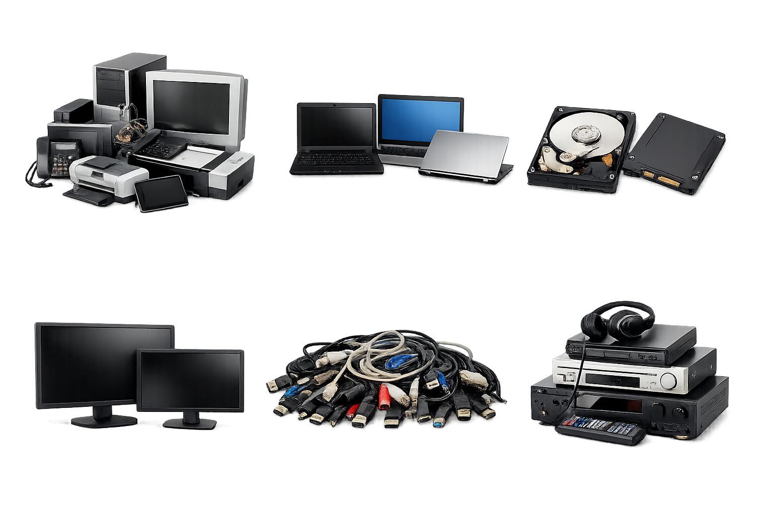 A collection of electronic devices and computer accessories, including monitors, laptops, desktop computers, hard drives, cables, a printer, headphones, and various adapters and connectors.