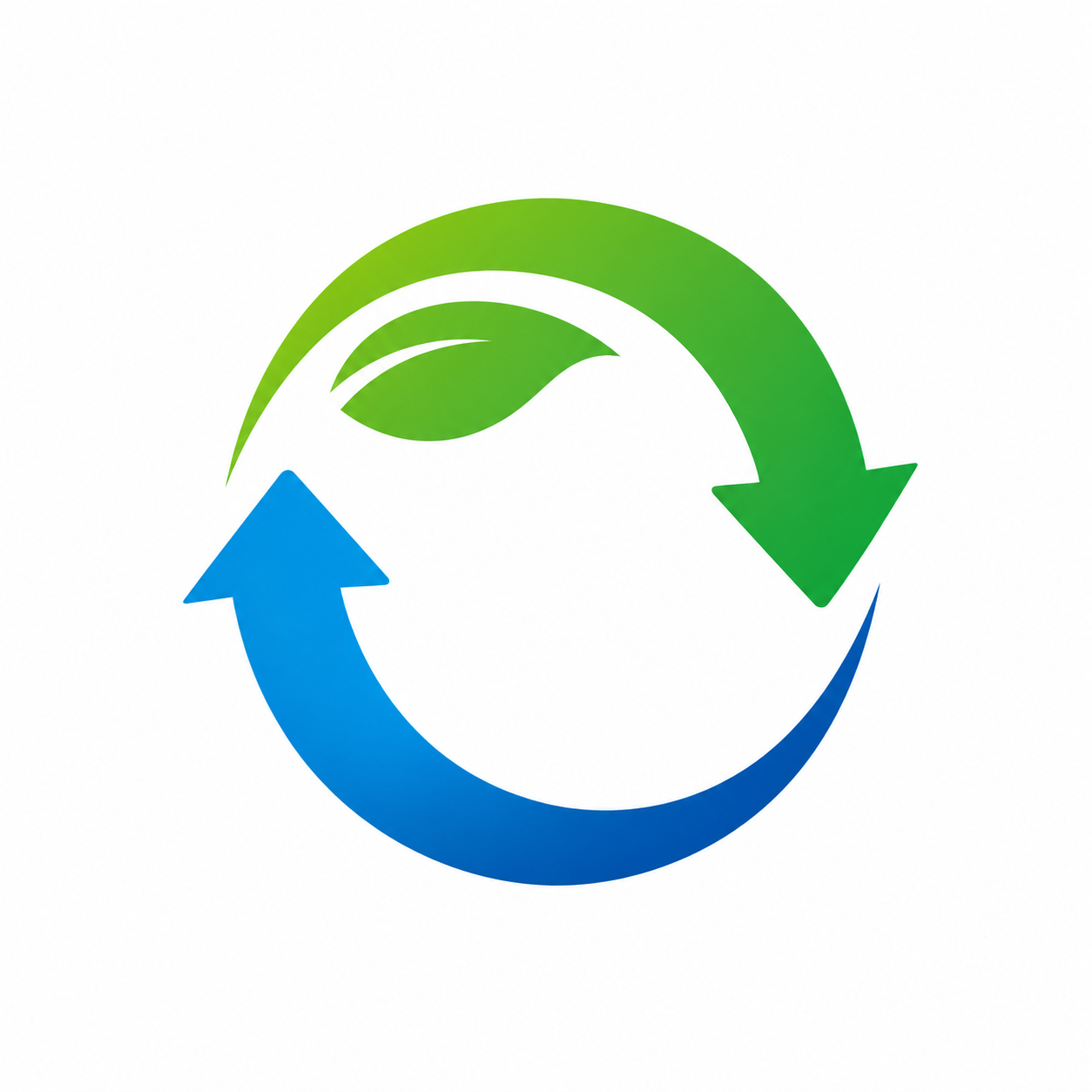 Circular diagram with green and blue arrows, a green leaf in the middle, symbolizing eco-friendly recycling.