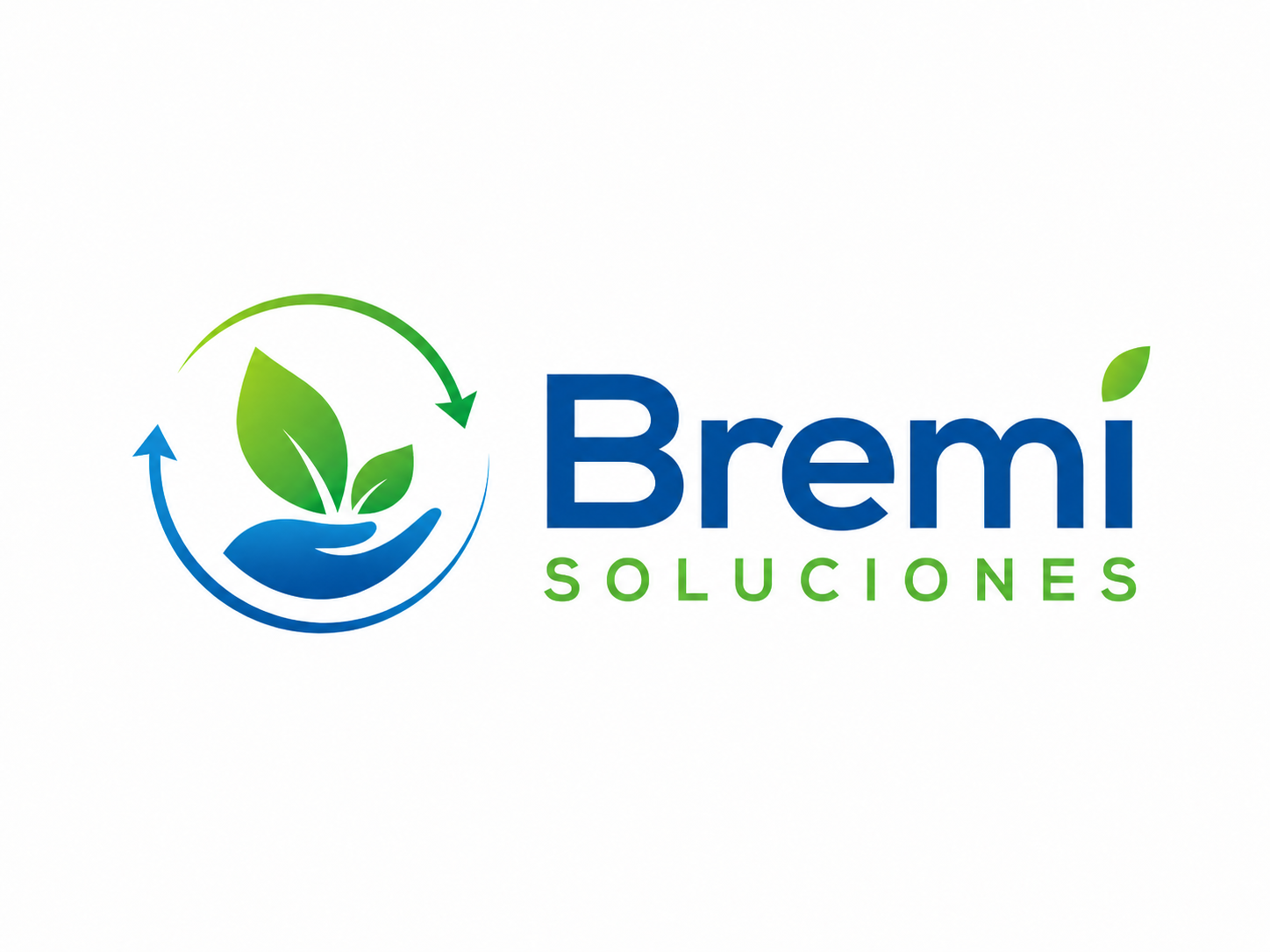 Logo for Bremi Soluciones featuring a blue hand holding a plant with green leaves, encircled by an arrow, and the words "Bremi Soluciones" in blue and green text.
