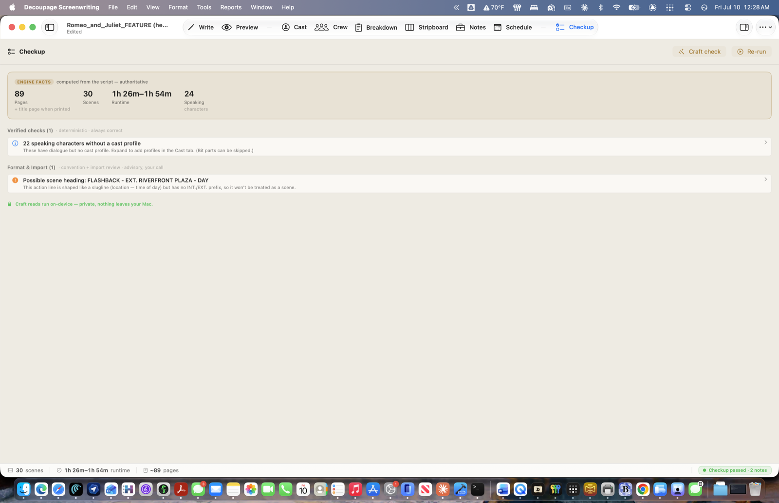 Screenshot of screenwriting software with a scene titled 'FLASHBACK - EXT. RIVERFRONT PLAZA - DAY' and system check and scene info displayed.