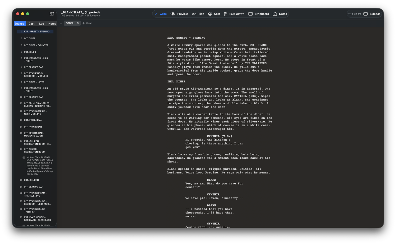 Screenshot of a screenplay document titled '_BLANK SLATE_' in a scriptwriting software. The scene descriptions and dialogue are visible, set in various locations including an evening street and a diner.