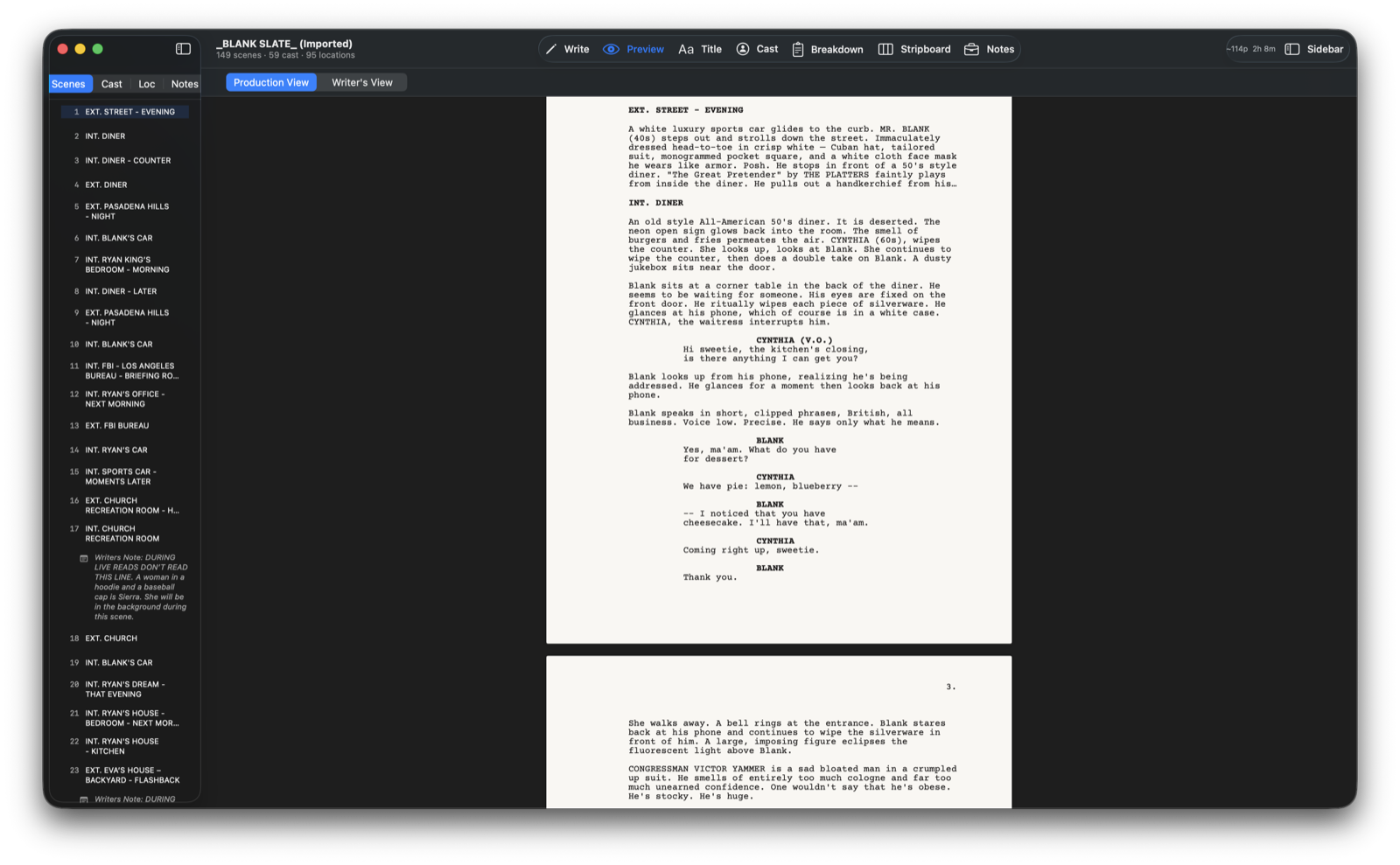 Screenshot of a screenplay editing software, showing a script titled 'BLANK SLATE,' with scenes listed on the left and a scene description in the center. Scene titles include exteriors and interiors of a street, diner, church, and more, with dialogue and stage directions.